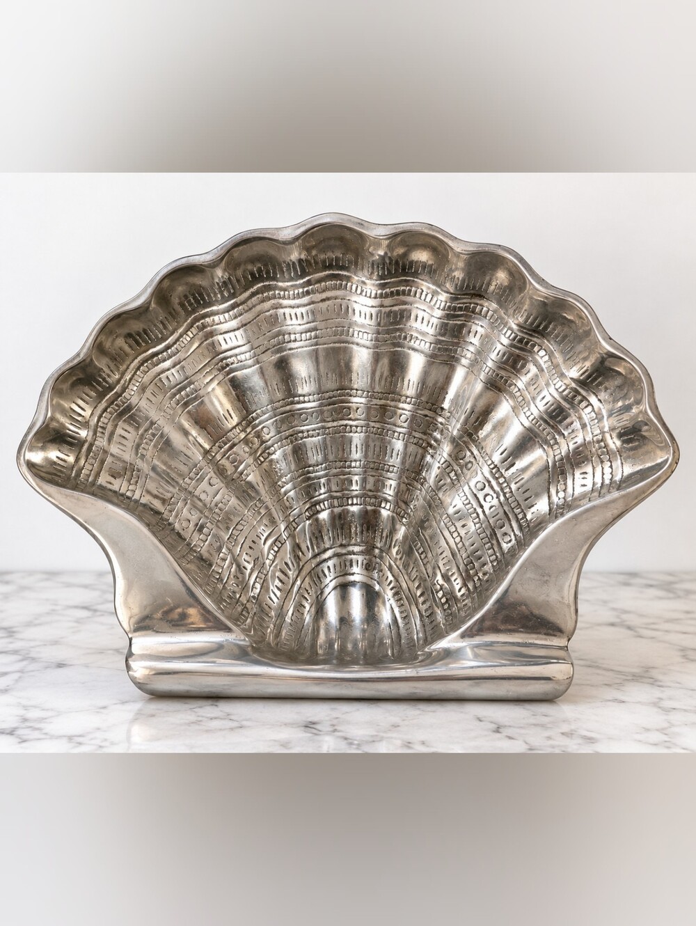 Vintage Mexican Cast Aluminum Scallop Shell Bowl Large 12" Coastal Centerpiece